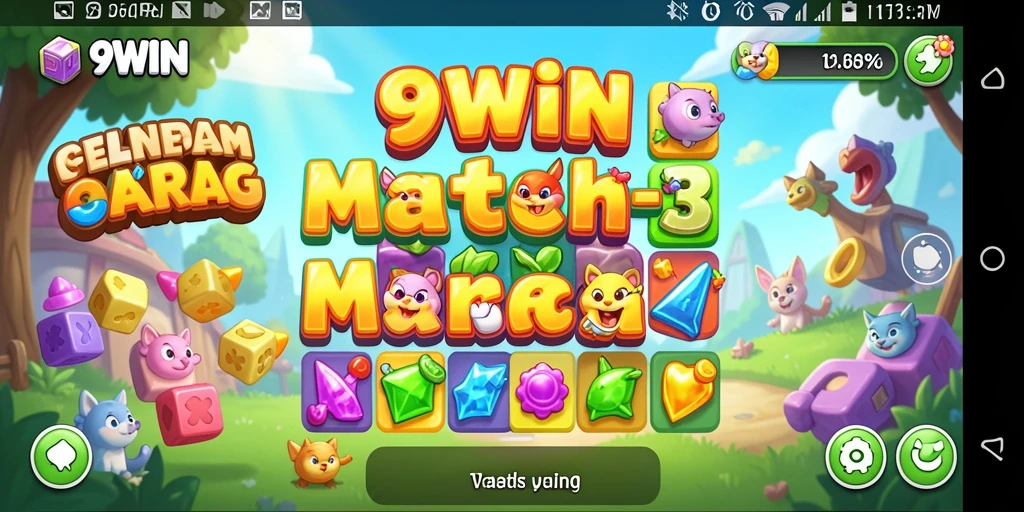 Tampilan menarik gameplay Match-3 di 9WIN dengan permata berwarna-warni.