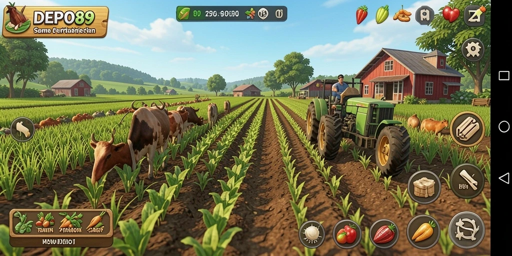 Tampilan gameplay DEPO89 dengan berbagai aktivitas pertanian.