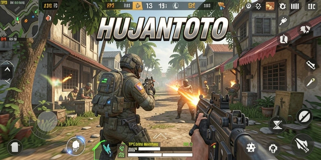 Screenshot utama HUJANTOTO menampilkan aksi intens dalam gameplay TPS.