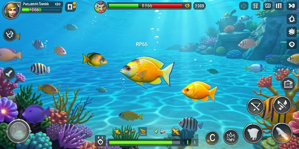 Tampilan gameplay seru dalam RP66, menangkap ikan dengan berbagai senjata.